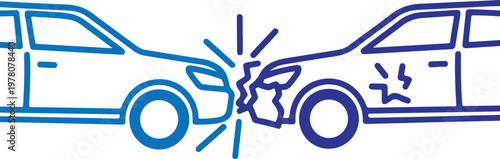 Two cars colliding in a head on crash with impact effects blue line art transparent background