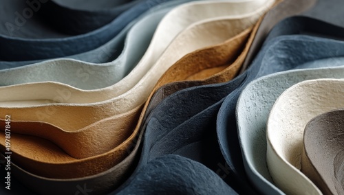 An abstract composition with layered, flowing wavy shapes in muted earth tones like beige, cream, brown, and gray, organic curves impart a subtle texture and soft motion, hinting at natural