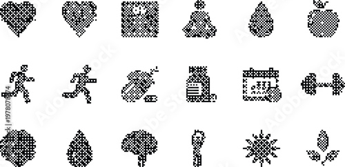 Health Icons Pixelated Bitmap Halftone Dotted Dither Vector Wellness Fitness Medical Diet Yoga Running Pills Calendar Dumbbell Brain Drop