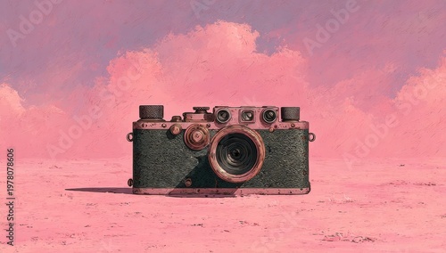 An up‑close depiction of an antique camera body with lens detail, set against a smoky, textured background. This retro analog device embodies classic photographic equipment and old‑school capture