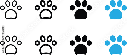 Set of paw print icons in various styles, including outline, solid, and colored versions, representing pets, animals, and wildlife