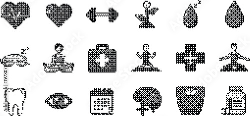 Health Icons Pixelated Bitmap Halftone Dotted Dither Vector Wellness Medical Fitness Yoga Sleep Brain