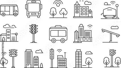Smart city infrastructure elements with public bus transport, urban skyscrapers, traffic signal lights, park trees and wireless connectivity icons cad drawing flat vector illustration
