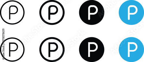 Set of parking icons in various styles, including outline, solid, and colored versions, representing parking areas and vehicle storage locations