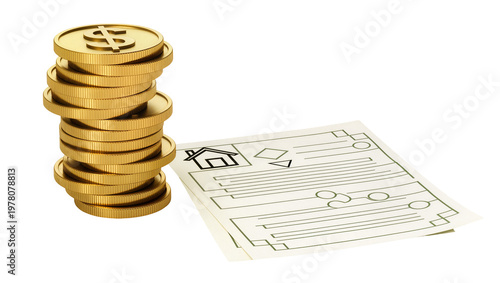 Stacked Gold Coins Beside Mortgage Document with House Graphic