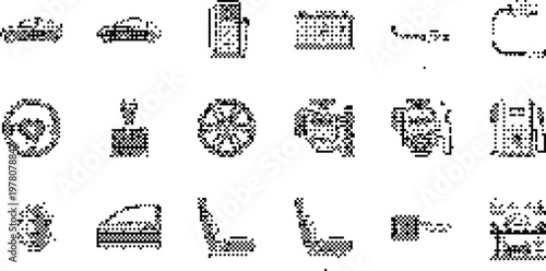 Automotive Icons Pixelated Bitmap Halftone Dotted Dither Vector Car Fuel Engine Seat Wheel