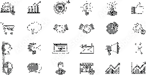Gradient Background Halftone Pixelated Bitmap Dither Business Marketing Icons Set Vector