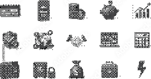 Business Finance Icons Pixelated Bitmap Halftone Dotted Dither Vector Set