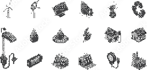 Eco energy pixelated bitmap halftone dotted dither icons vector illustration set
