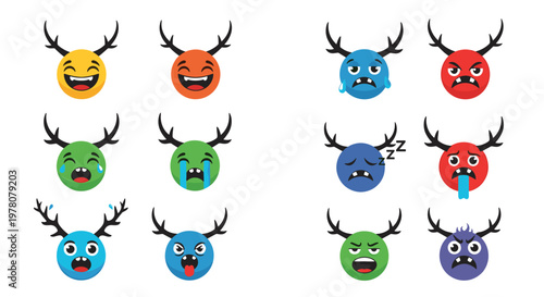 A colorful and expressive set of round monster emoticons with antlers displaying a wide range of emotions from happy to angry.