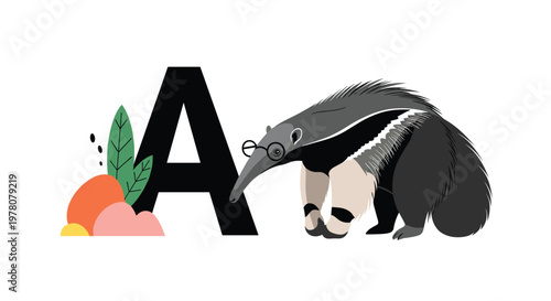 A charming and educational illustration for the letter A of the alphabet featuring a cute anteater wearing glasses next to the letter.