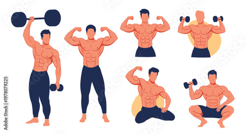 A collection of muscular bodybuilder characters in various poses showing off their physique and lifting heavy weights at the gym.