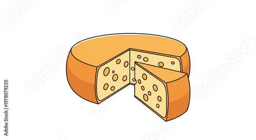 A simple and clean cartoon illustration of a large wheel of swiss cheese with a perfect triangular slice cut out of it.