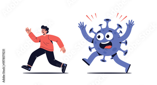 A frightened man running away from a large scary cartoon coronavirus monster in a humorous depiction of avoiding the pandemic.