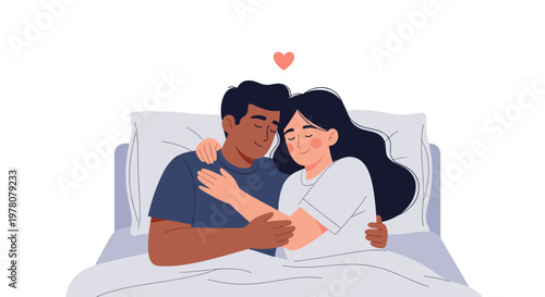 A loving and diverse couple cuddling affectionately in bed with a small heart floating above them representing their strong bond.