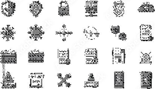 Icon Set Pixelated Bitmap Halftone Dotted Dither Digital Vector Graphic Design Element UI App Web