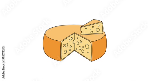 A simple line art illustration of a wheel of swiss cheese with one slice cut out and placed on top of the wheel.