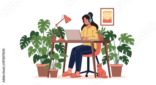A relaxed young woman with headphones working on her laptop at a desk in a cozy home office filled with lush green plants.