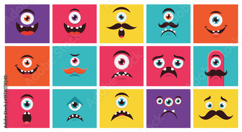 A vibrant and colorful grid of fifteen monster faces showing a variety of funny and emotional expressions for avatars or icons.