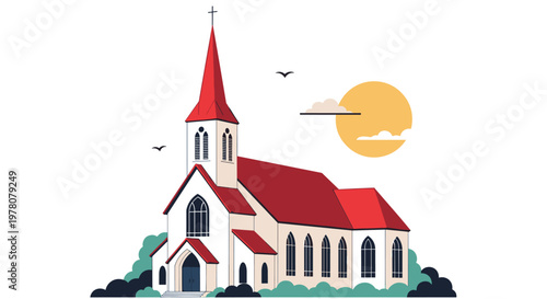 A quaint and peaceful illustration of a traditional white church with a red roof and steeple set against a simple daytime sky.
