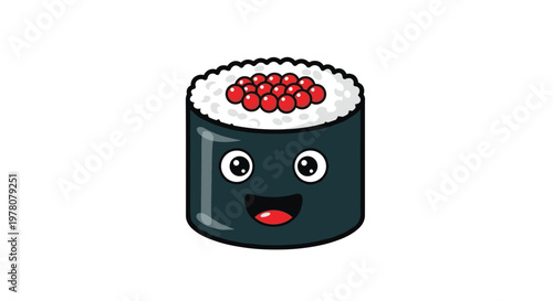 An adorable and happy cartoon maki sushi roll character with red caviar on top and big joyful eyes on a white background.