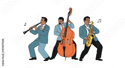 A cool and stylish trio of jazz musicians passionately playing the saxophone double bass and clarinet in a live performance illustration.