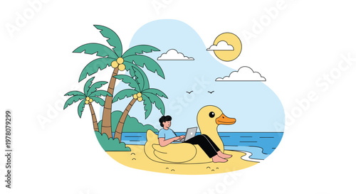 A man working remotely on his laptop while relaxing on a giant duck floatie at a tropical beach with palm trees and the ocean.