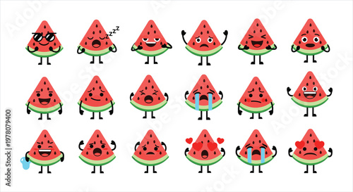 A large and expressive collection of cute cartoon watermelon slice characters showing a wide variety of emotions and expressions.