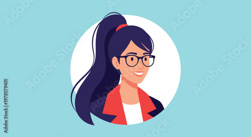 A professional and cheerful avatar of a young woman with a high ponytail and glasses smiling in a circular frame on a blue background.