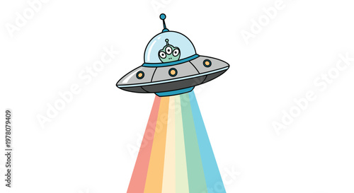 A cute and quirky cartoon UFO with a friendly three-eyed alien inside is beaming a vibrant rainbow down to the ground.