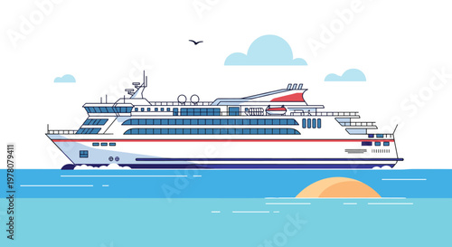 A large modern passenger and car ferry sailing on the blue ocean with a bird flying overhead and the sun setting on the horizon.