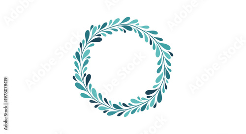 An elegant and simple circular wreath made of stylized leaves and drops in calming shades of blue and teal on a white background.