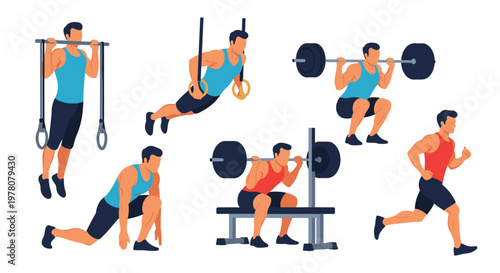 A collection of a fit man performing various exercises including pull-ups squats lunges and running for a full-body workout.