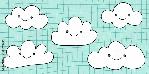 Smiling cartoon clouds float against a light blue grid background