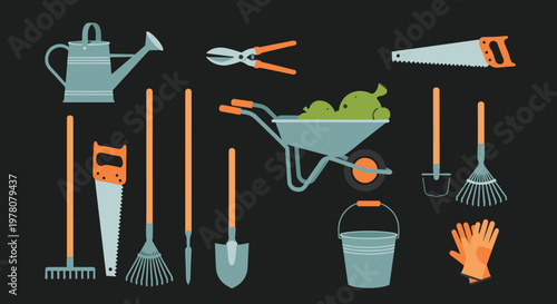 A flat design collection of essential gardening tools and equipment like a shovel rake and watering can on a dark background.