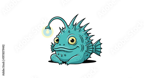 A whimsical cartoon illustration of a cute and friendly deep-sea anglerfish with its glowing lure on a plain white background.