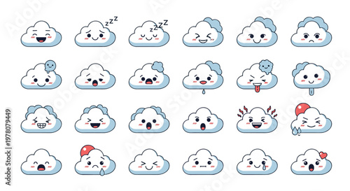 A large collection of cute kawaii cloud characters showing a wide range of emotions and expressions for weather-related designs.