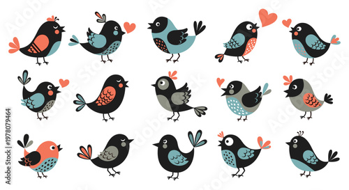 A lovely collection of stylized folk art birds in various poses with hearts perfect for romantic and spring-themed designs.
