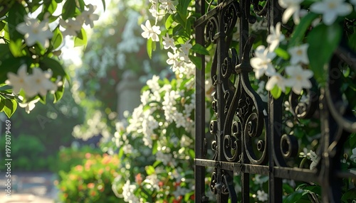 Ornate wrought iron gate adorned with delicate white blossoms in a sun-drenched garden, evoking a sense of tranquility and natural beauty.