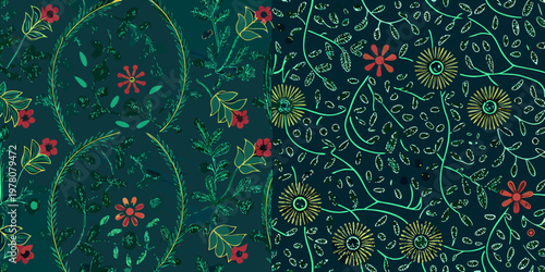 Obraz na plátně Floral pattern with sketched wildflowers in shades of green and gold