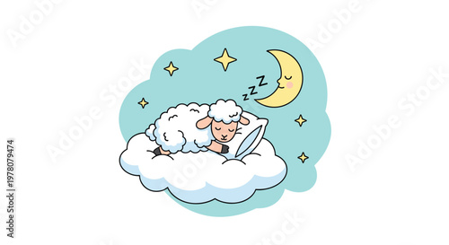 A cute cartoon sheep sleeping peacefully on a fluffy cloud in the night sky with a smiling crescent moon and little stars.