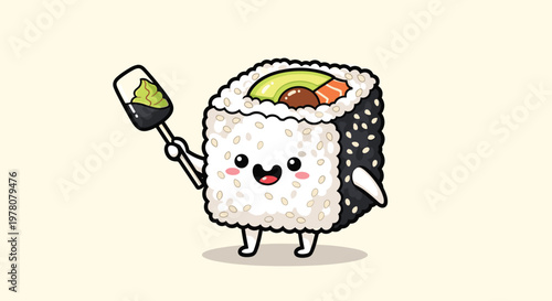 A cute kawaii sushi roll character with a happy face holding a small dish of wasabi ready to be eaten in a restaurant.