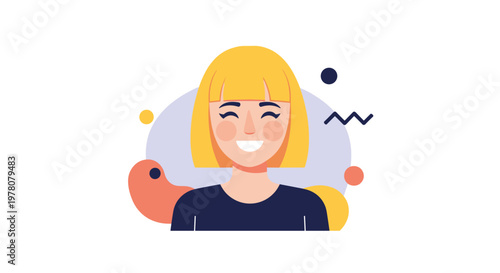 A modern flat illustration of a happy smiling young woman with a blonde bob haircut against an abstract colorful background.