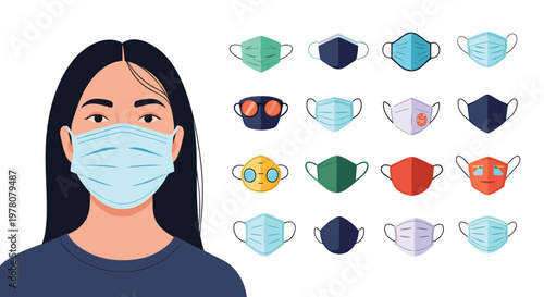 An illustration of a woman wearing a face mask with a large collection of different protective medical masks on the side.