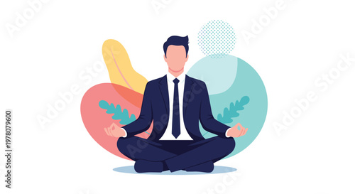 A businessman in a suit meditating peacefully in a lotus yoga pose to relieve stress and find balance in corporate life.