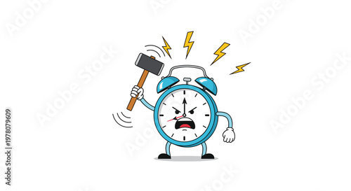 An angry cartoon alarm clock character screaming and trying to smash itself with a hammer to stop the loud morning alarm.
