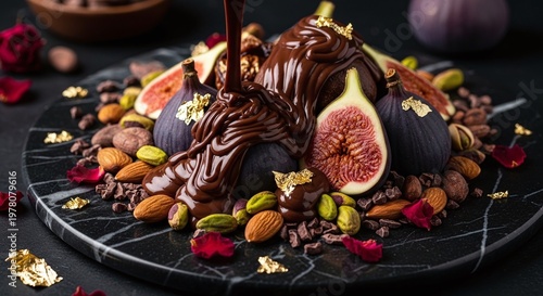 Dark Chocolate Drizzled Figs with Mixed Nuts on Slate Board