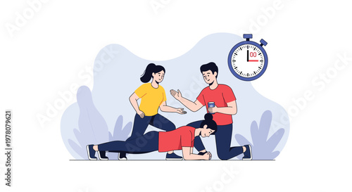 A personal trainer with a stopwatch coaching a woman doing a plank exercise during a fitness and workout training session.