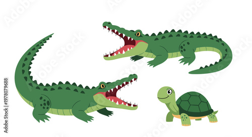 A cartoon illustration set of wild reptiles featuring two crocodiles with open mouths and a friendly green turtle.