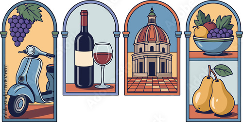 Classic Italian elements vector illustration featuring historic dome, wine, scooter and fresh f
